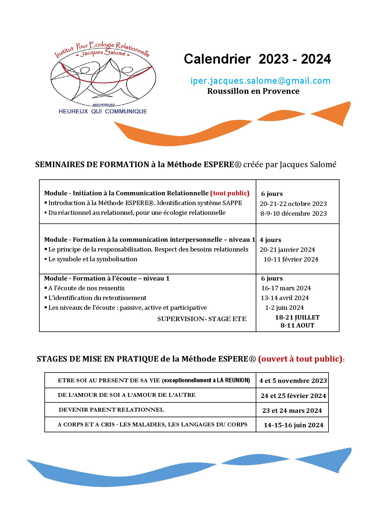 calendrier méthode ESPERE 2023-2024 Jacques Salomé